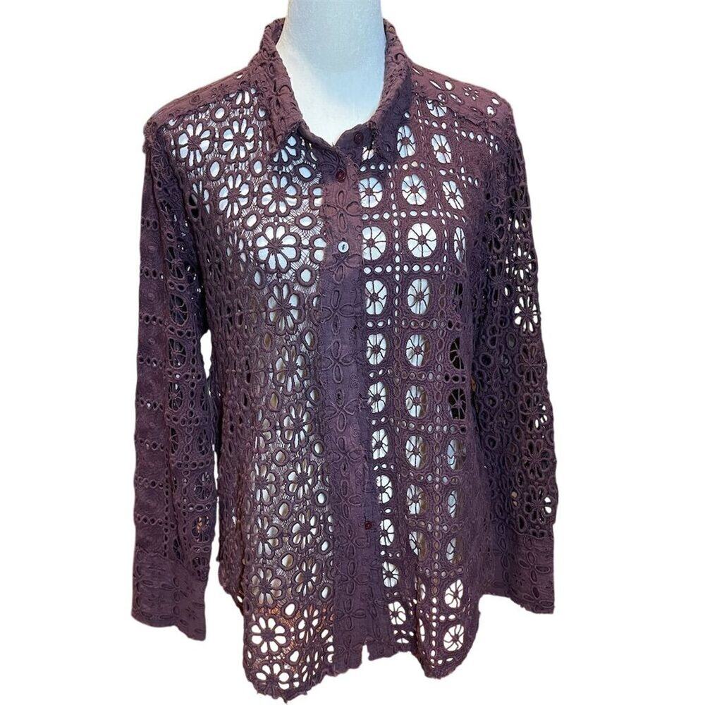 Free People ONE Yesenia Shacket Sz M Plum Purple Crochet Eyelet Long Sleeve Boho